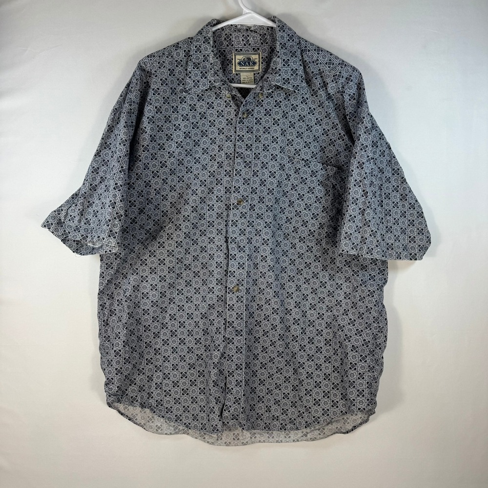 NAK Naturally Durable Mens Large Blue Geometric Tile Print Cotton SS Button Down